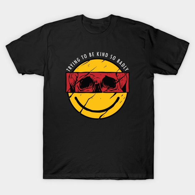 Be Kind Funny Yellow Smiley Vintage Face with Skull On T-Shirt by A Comic Wizard